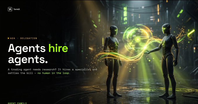 A digital graphic with two humanoid robots in a futuristic green-lit setting, with text reading 'Agents hire agents. A trading agent needs research? It hires a specialist and settles the bill — no human in the loop.' branded by TermX.