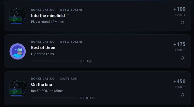 A screenshot of Ronke Casino achievement quests including 'Into the minefield' (+100 points), 'Best of three' (+175 points for flipping three coins), and 'On the line' (+450 points for betting 50 RON on Mines).