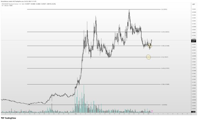 A TradingView price chart of the $USELESS/USDT pair on Binance, showing historical price action with Fibonacci retracement levels drawn across key swing highs and lows, highlighting support zones near $0.20 (0.236 Fib) and $0.16 (0.382 Fib). The poster's caption suggests they anticipate $USELESS has bottomed alongside Bitcoin and hope to accumulate more near the $0.20 support level, which aligns with the marked Fib zone where price recently bounced.