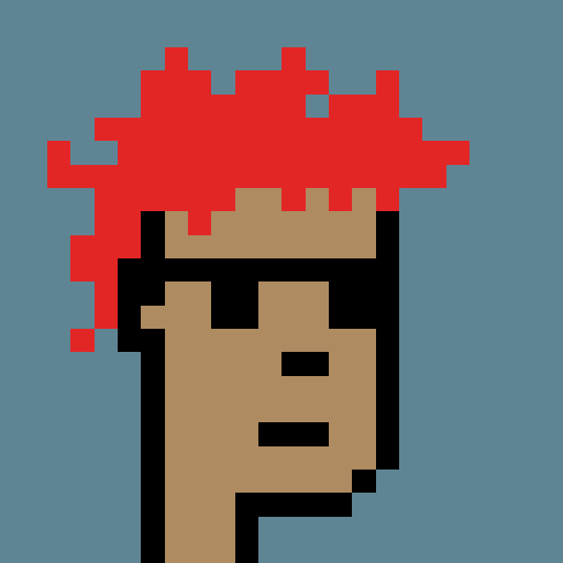 A pixel art character with a tan face and bright red spiky hair set against a blue background.