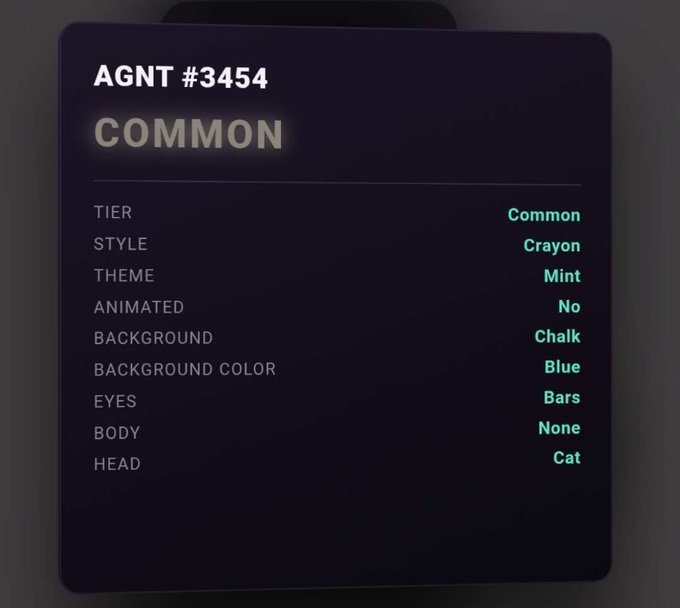 A digital profile card displaying 'AGNT #3454' labeled 'COMMON' with attributes listed: Tier Common, Style Crayon, Theme Mint, Animated No, Background Chalk, Background Color Blue, Eyes Bars, Body None, Head Cat.