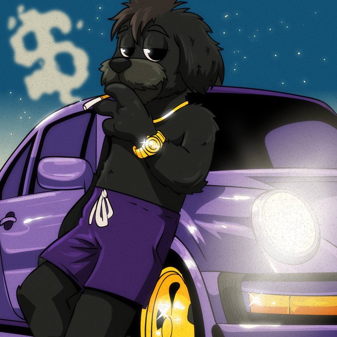The image features a cartoon dog standing next to a purple car, with its paw resting on the hood of the vehicle. The background shows a night sky filled with stars, giving the scene an artistic touch. There are also dollar signs visible in the image, which may suggest that this is part of a promotional campaign or advertisement for a product related to cars or automobiles.