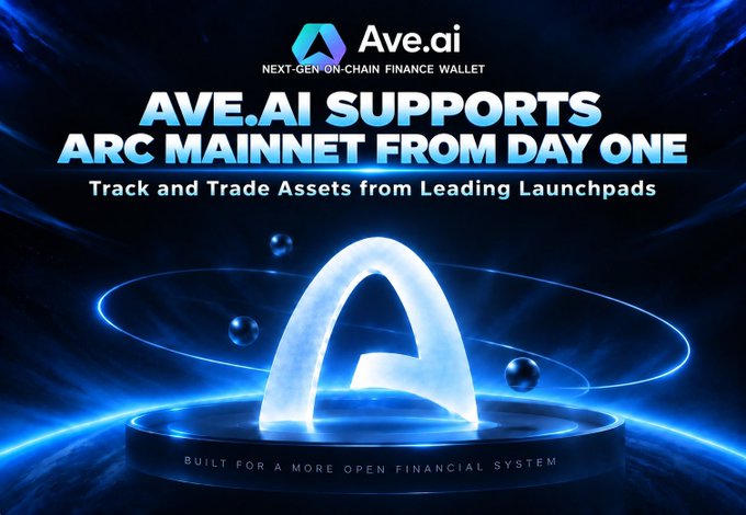 A promotional graphic for Ave.ai announcing their support for Arc Mainnet from day one, describing it as a next-gen on-chain finance wallet.