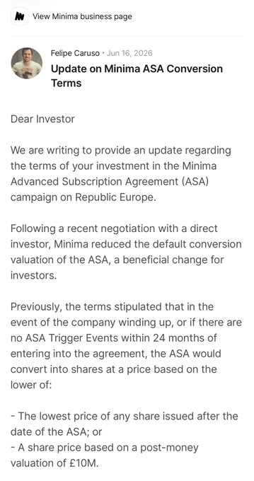 A message from Felipe Caruso dated Jun 16, 2026, titled 'Update on Minima ASA Conversion Terms,' addressing investors about changes to the default conversion valuation.