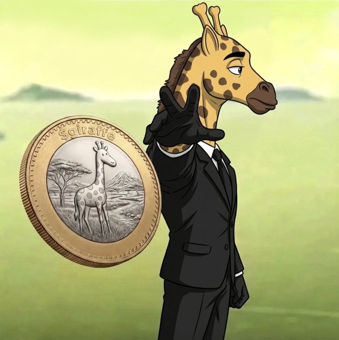 An animated giraffe in a black business suit holds out a hand in a dramatic "stop" gesture toward the viewer, with a coin labeled "giraffle" showing an engraved giraffe beside a tree and mountain floating in the foreground. The image playfully captures the "what if" scenario of the giraffe-themed cryptocurrency becoming a serious financial contender, with the suited giraffe serving as its determined, dignified mascot guarding its branded coin.