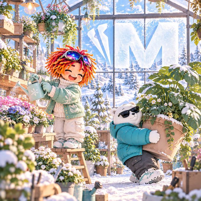 A 3D-rendered illustration of a cheerful doll-like character with red dreadlocks watering plants alongside a white bear character in sunglasses, set in a snowy greenhouse with a frosted 'MW' logo on the window.