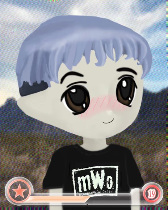A Mii character with purple hair and a black shirt reading 'mWo Miyagi World Order' stands against a mountain backdrop with a level indicator of 19.
