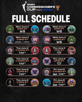 A black and white poster displays the full schedule for the NBA's Commissioner's Cup, featuring a grid of 24 teams with their respective dates and times.