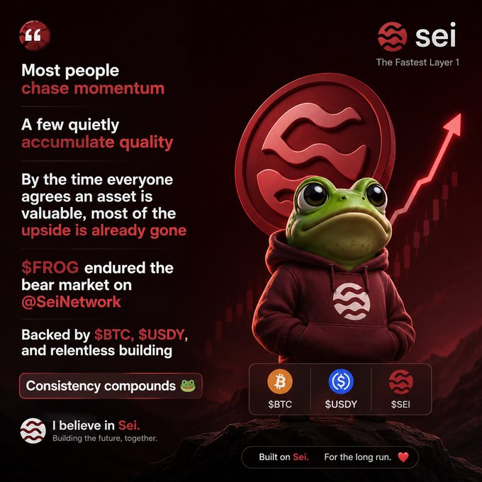 A promotional graphic for the Sei Network ($SEI) featuring a green frog mascot in a hoodie, with text praising the $FROG token's resilience and listing $BTC and $USDY as backing.