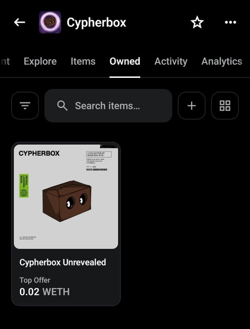 A mobile app screenshot showing the 'Cypherbox' collection with a 'Cypherbox Unrevealed' NFT item listed at a 'Top Offer' of 0.02 WETH.