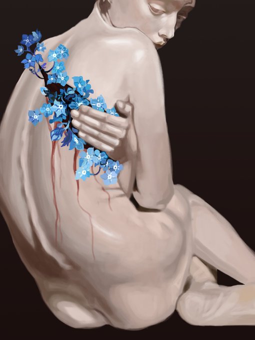This image portrays a serene yet pensive female figure, depicted in a state of repose, with a strong emotional essence conveyed through her posture and the tranquil blue flowers she holds. The post "GN ▪︎ Reverie ▪︎ 1/1 Link" implies that this artwork could be the singular edition of a digital collection or event, possibly related to a virtual gallery or a personal artistic project, where the figure's serenity and the theme of introspection are central to the interpretation.