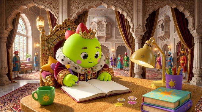 Cartoon illustration of a green round character wearing a crown and royal robes writing in a book at a desk, set in an ornate palace with attendants in the background.