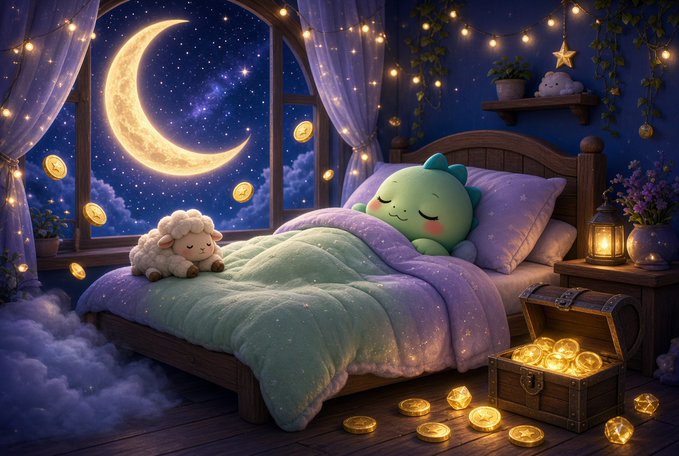 A whimsical digital illustration of a cute green dinosaur sleeping in a bed with a sheep plushie, set in a starry room with a crescent moon visible through the window and gold coins scattered around.