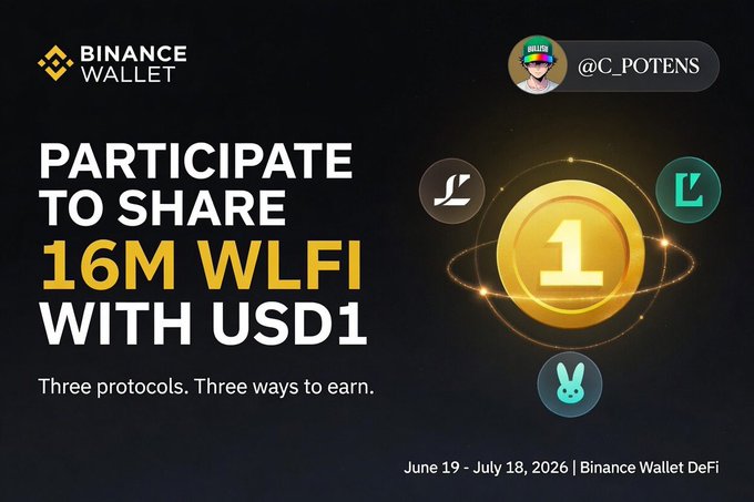 The image features a promotional poster for Binance Wallet's new reward pool. The poster includes a golden coin with a cartoon rabbit and bird designs, set against a black background. It announces that participants can earn a share of 16M WLFI rewards by using US dollar 1 to stake, borrow or provide liquidity. This message highlights the benefits of this reward pool in attracting potential users who may be interested in leveraging their US dollars for gains from investing in Binance Wallet's products.