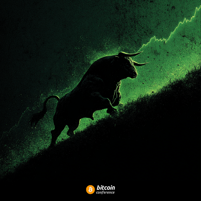 A dark silhouette of a charging bull ascends a steep slope, illuminated by a glowing green upward-trending line graph, symbolizing Bitcoin's bullish surge. The image features the Bitcoin Conference logo and visually reinforces the optimistic outlook of Bitcoin prices climbing toward $100,000.