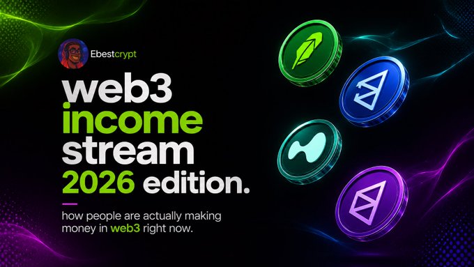 A promotional graphic titled 'web3 income stream 2026 edition' by 'Ebestcrypt' describing how people are making money in web3, with floating cryptocurrency coin icons on a dark background.