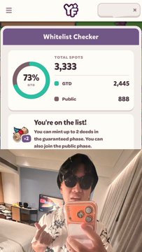 A selfie of a man wearing sunglasses holding a phone, overlaid with a "Whitelist Checker" screen showing 3,333 total spots, 73% allocation, with 2,445 OTD and 888 Public allocations, confirming his spot on the @YieldFields_RH mint list.