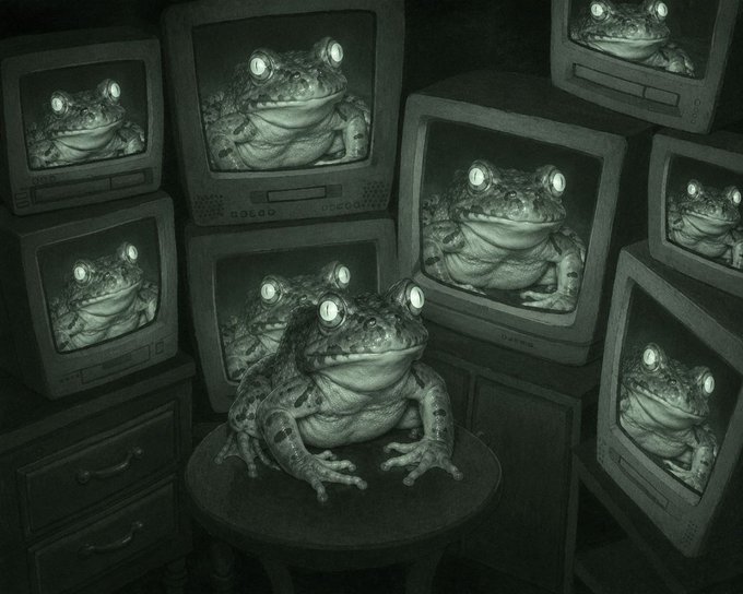 A large frog sits on a stool surrounded by multiple vintage television sets, each displaying the same frog image with glowing eyes, creating an endless recursive "toad TV" effect. The surreal meme-style artwork ties into the $FRONG ticker by visualizing an amphibian-themed broadcast loop perfect for frog-themed crypto culture.