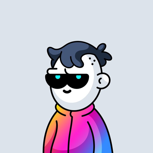 A cartoon avatar of a person with gray skin, dark hair, glowing blue eyes behind sunglasses, and a vibrant rainbow-colored jacket.