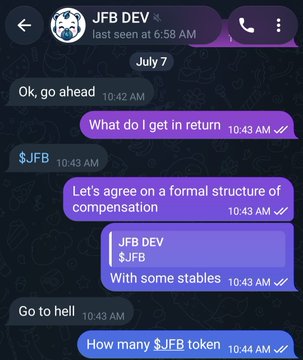 A WhatsApp conversation between 'JFB DEV' and another user discussing 'JFB' token compensation, with messages including 'Let's agree on a formal structure of compensation,' 'With some stables,' 'Go to hell,' and 'How many $JFB token'.