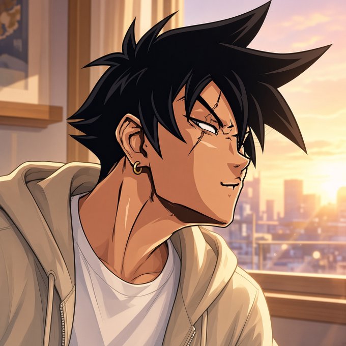 An anime-style illustration of a spiky black-haired male character with a scar and gold earring, wearing a beige hoodie against a sunset cityscape.