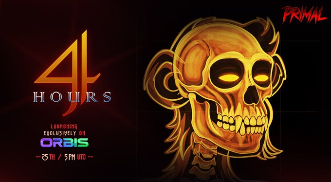 Promotional graphic for the "PRIMAL" NFT collection, featuring a glowing orange skull with wild hair against a black background. Text reads "4 HOURS," "LAUNCHING EXCLUSIVELY ON ORBIS," and "-25TH / 5PM UTC-," counting down to the minting event on orbisonsol.io/mint/primals.