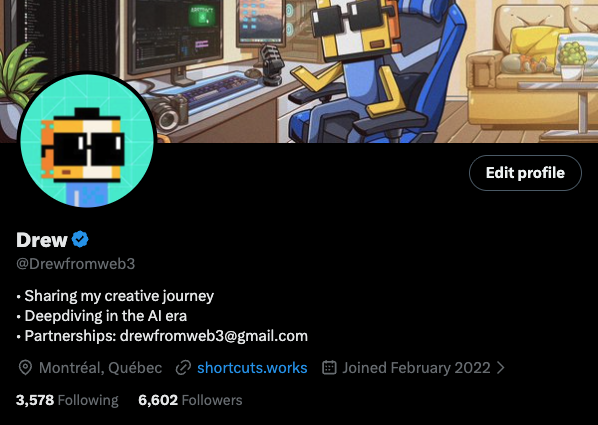 A Twitter/X profile page for 'Drew' (@Drewfromweb3), featuring a pixel art avatar and banner, with bio text including 'Sharing my creative journey', 'Deepdiving in the AI era', and a partnership email.