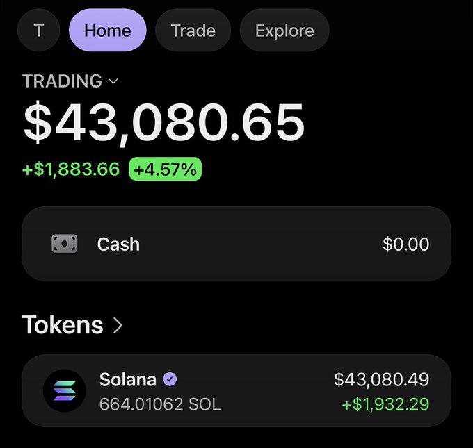 The image shows a trading app interface with various information displayed, including token names like 'Sola', 'Solana', or '6E-1L'. There are also multiple coins shown within the app's settings menu, such as 'CASH' and 'TOKENS'. The focus of this post is on the app's current position regarding a specific trade, as indicated by the $43.86,865.56 being subtracted from the starting amount in cents. Additionally, there are two more coins, one named '6E-1L', which may have been recently added to the user's account.