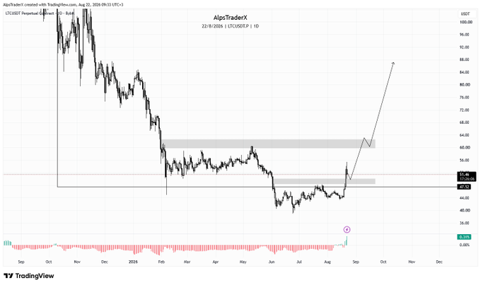 TradingView chart of AlipsTraderX (LTC/USDT Perpetual) on the daily timeframe dated Aug 22, 2026, showing price action around 51.46 USDT with resistance zones marked.
