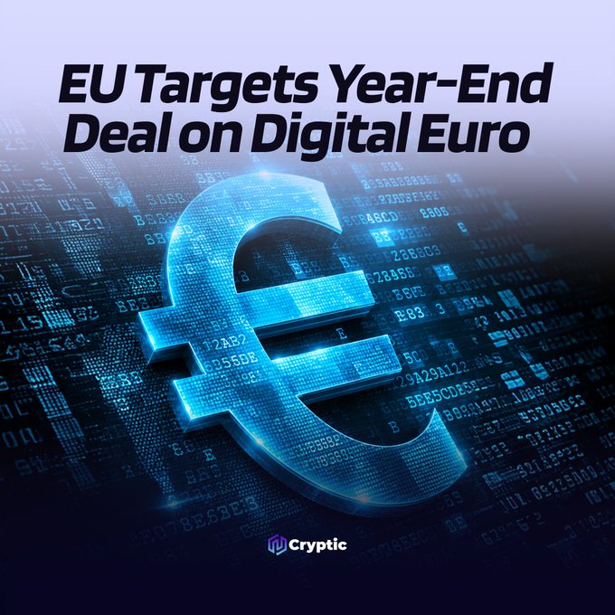 A glowing blue euro symbol set against a digital code background, with the headline "EU Targets Year-End Deal on Digital Euro" and the "Cryptic" logo at the bottom, visually representing the EU's push to finalize a digital euro agreement by the end of the year.