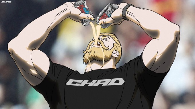 An animated illustration shows a muscular bearded man pouring two cans of beer into his mouth, wearing a black t-shirt with "CHAD" printed across the chest.
