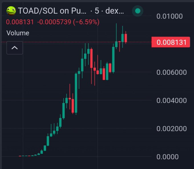 A candlestick chart displays the TOAD/SOL trading pair on a 5-minute timeframe, showing a sharp upward trend from 0.0000 to a current price of 0.008131 (down 6.59% on the most recent candle), exemplifying the rapid "5-10m runners" emerging onchain. The price action shows a parabolic climb followed by recent volatility at the highs, supporting the claim that meme coins are producing explosive short-term gains.