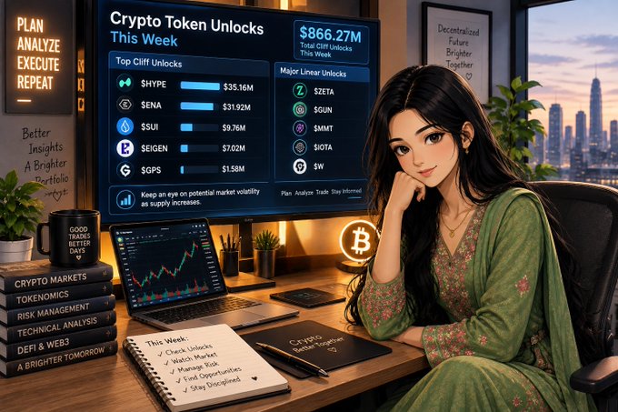 An illustrated image of a woman sitting at a desk with a 'Crypto Token Unlocks This Week' display showing $866.27M total unlocks, featuring tokens like SHYPE, SENA, $SUI, SEIGEN, $GPS, SZETA, $QUN, $MTT, $IOTA, and $W, alongside trading books and a Bitcoin lamp.