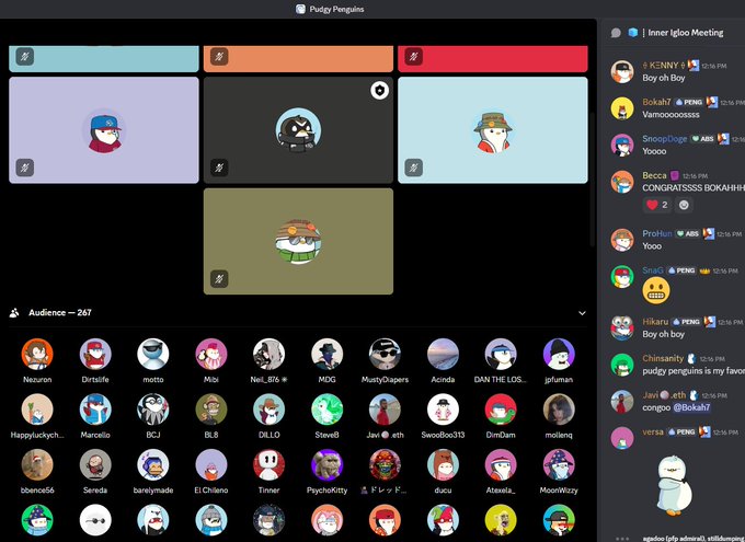 Screenshot of a Pudgy Penguins voice chat or streaming session titled 'Inner Igloo Meeting,' featuring four speaker panels with penguin avatars and an audience count of 267.