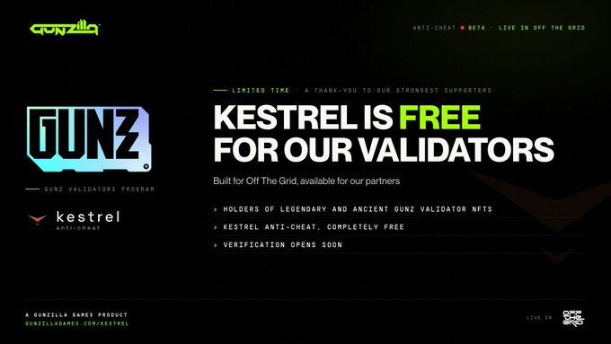 A promotional graphic reading 'KESTREL IS FREE FOR OUR VALIDATORS' by Gunzilla Games, advertising their Kestrel anti-cheat program.