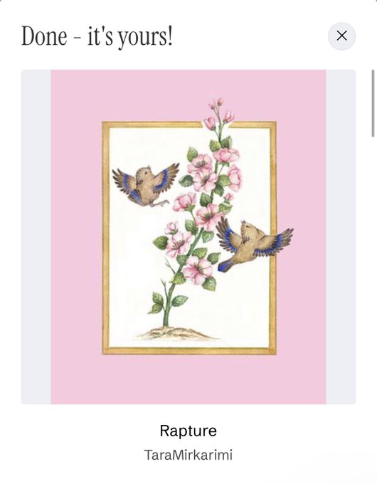 A digital artwork titled 'Rapture' by TaraMirkarimi depicting birds flying around a pink flowering plant in a gold frame.