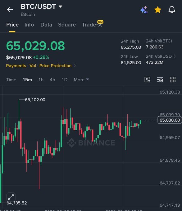 A Binance cryptocurrency trading chart showing BTC/USDT at $65,029.08 with a 0.28% increase, displaying candlestick patterns and 24-hour high/low data.