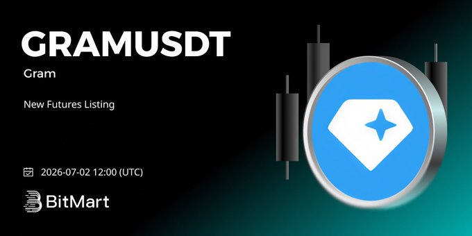 A promotional graphic announces the 'GRAMUSDT' new futures listing on BitMart, dated 2026-07-02 12:00 (UTC), featuring a blue diamond logo.