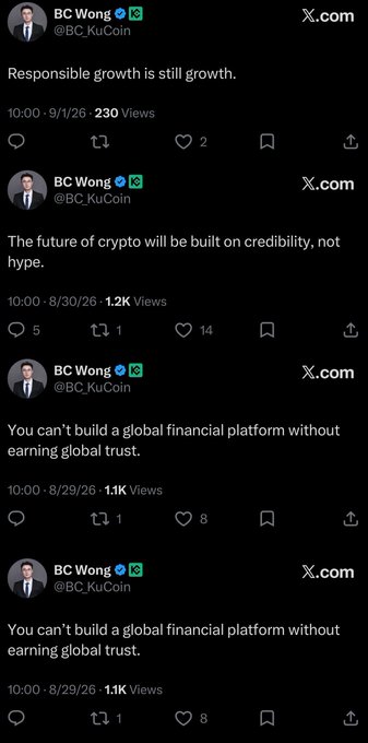 A series of tweets from BC Wong (@BC_KuCoin) stating 'Responsible growth is still growth,' 'The future of crypto will be built on credibility, not hype,' and 'You can't build a global financial platform without earning global trust.'