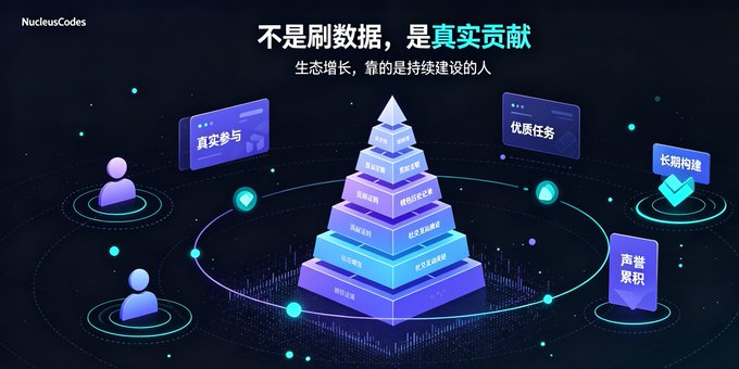 The image is a promotional graphic from NucleusCodes featuring a glowing pyramid at the center with Chinese text, including the headline "不是刷数据，是真实贡献" (Not faking data, but real contributions). Surrounding the pyramid are labels highlighting key values like "真实参与" (Real Participation), "优质任务" (Quality Tasks), "长期构建" (Long-term Building), and "声誉累积" (Reputation Accumulation).

The graphic visually reinforces the post's message by symbolizing that genuine on-chain activity and social contributions—rather than inflated metrics—build a user's layered reputation in the Web3 ecosystem.