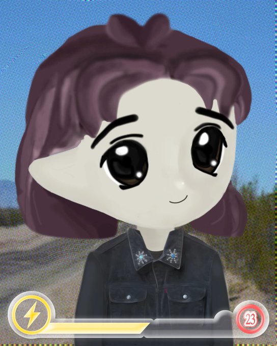 An animated character with purple hair and large eyes, wearing a dark denim shirt, appears in a game-like interface with a yellow energy bar and the number 23 displayed in a red circle.