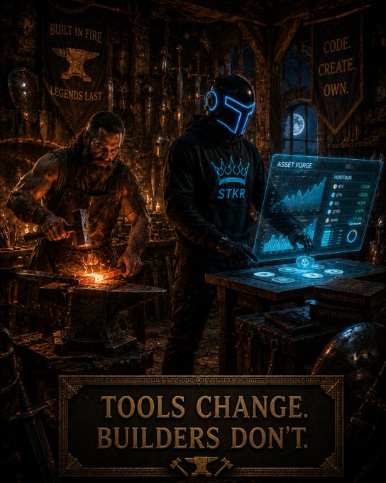 A promotional graphic depicting a blacksmith at an anvil alongside a futuristic figure in neon-lit armor working at a digital 'ASSET FORGE' console, with text reading 'BUILT IN FIRE - LEGENDS LAST', 'CODE. CREATE. OWN.', 'STKR', and 'TOOLS CHANGE. BUILDERS DON'T.'