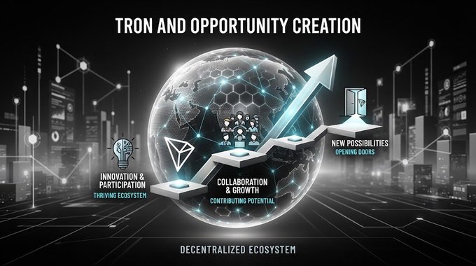 Infographic titled "TRON AND OPPORTUNITY CREATION" depicting a globe with ascending steps labeled "INNOVATION & PARTICIPATION," "COLLABORATION & GROWTH," and "NEW POSSIBILITIES," set within a "DECENTRALIZED ECOSYSTEM."