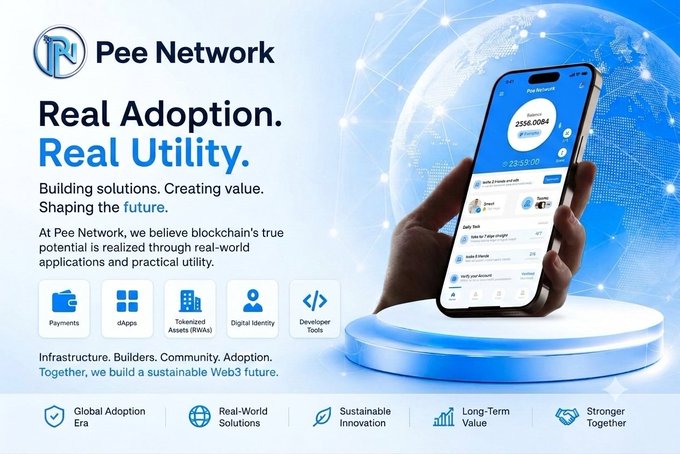 A promotional graphic for Pee Network ($PN) showcases its branding with the tagline "Real Adoption. Real Utility," featuring a smartphone displaying a wallet app with a balance of 2556.0084, alongside icons highlighting Payments, dApps, Tokenized Assets (RWAs), Digital Identity, and Developer Tools—reinforcing the post's message about mining $PN as part of a broader ecosystem building real-world blockchain infrastructure.
