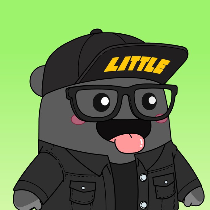 A cartoon illustration of a bear-like character wearing a black baseball cap with 'LITTLE' written in yellow, dark sunglasses, and a black button-up shirt against a light green background.