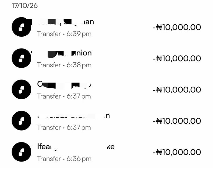 A screenshot of a mobile banking app showing five separate transfers of ₦10,000.00 each (totaling ₦50,000), made between 6:36 pm and 6:39 pm on 17/10/26, to partially redacted recipients, which corresponds to the post about sending $50k to 5 winners.