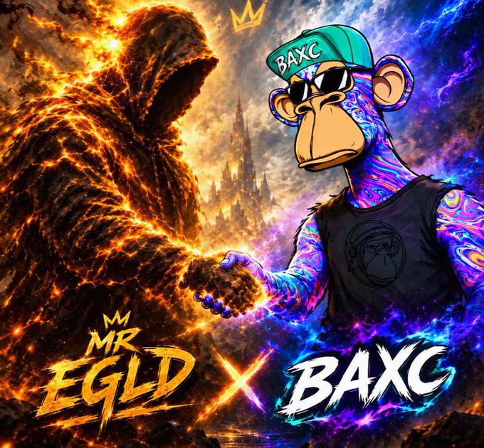A vibrant digital artwork featuring a cartoon monkey wearing a 'BAXC' cap and sunglasses against a cosmic background, alongside a fiery figure and the text 'MR EGLD X BAXC'.