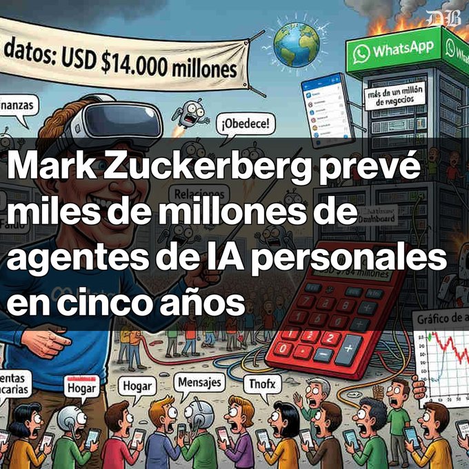 A cartoon illustration depicting Mark Zuckerberg in a VR headset with the Spanish text 'Mark Zuckerberg prevé miles de millones de agentes de IA personales en cinco años,' surrounded by imagery of smartphones, a calculator, WhatsApp, and crowds of people.