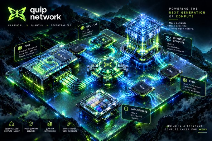 A futuristic 3D tech graphic for 'quip network' displays 'CLASSICAL X QUANTUM X DECENTRALIZED' computing infrastructure with labeled sections for GPU, GPU/AI, Quantum Compute, FPGA, and Data Storage.