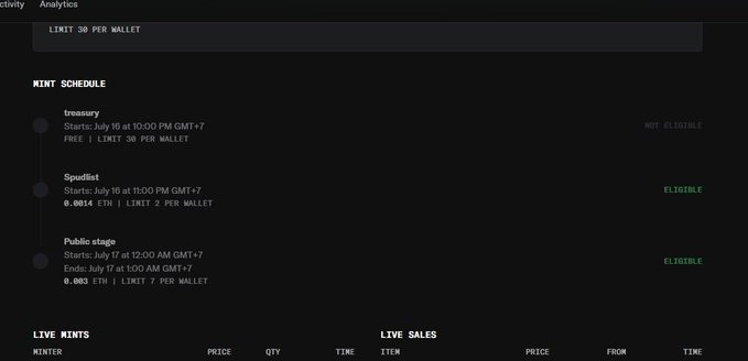A dark-themed mint schedule page showing three mint phases: Treasury (July 16, not eligible), Spudlist (July 16, 0.0014 ETH with a 2 per wallet limit), and Public stage (July 17, 0.003 ETH with a 7 per wallet limit). The post's note about a late-night mint costing over $2 likely refers to the Public stage mint scheduled to begin in the early morning.